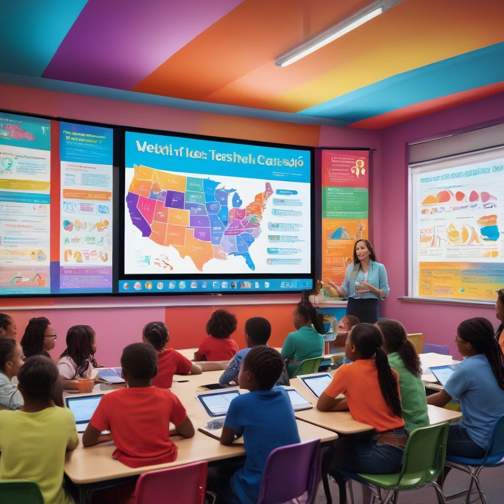 A classroom setting with diverse students engaged in a lively video lesson about sexual health education, featuring a large screen displaying colorful and informative graphics. Include a teacher facilitating the discussion, with books and educational materials around. Ensure the atmosphere feels inclusive and interactive, showcasing the importance of transformative learning. vibrant colors. super-realistic.
